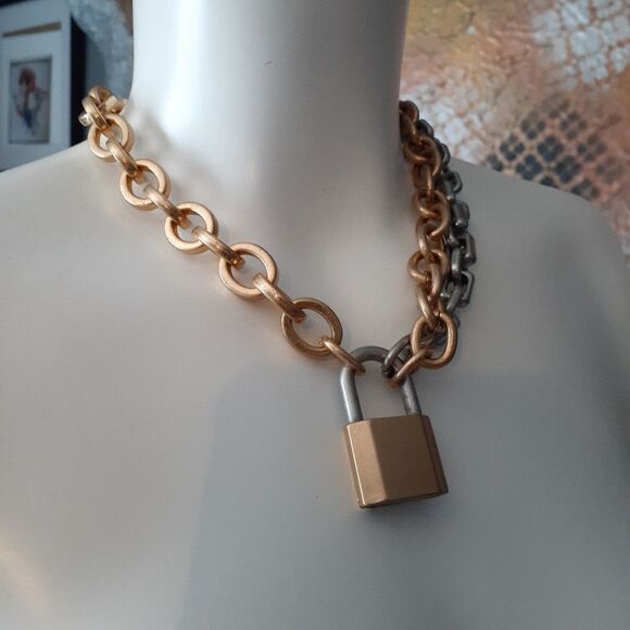Zara Gold and Silver Chain Necklace with Padlock - Picture 11 of 12